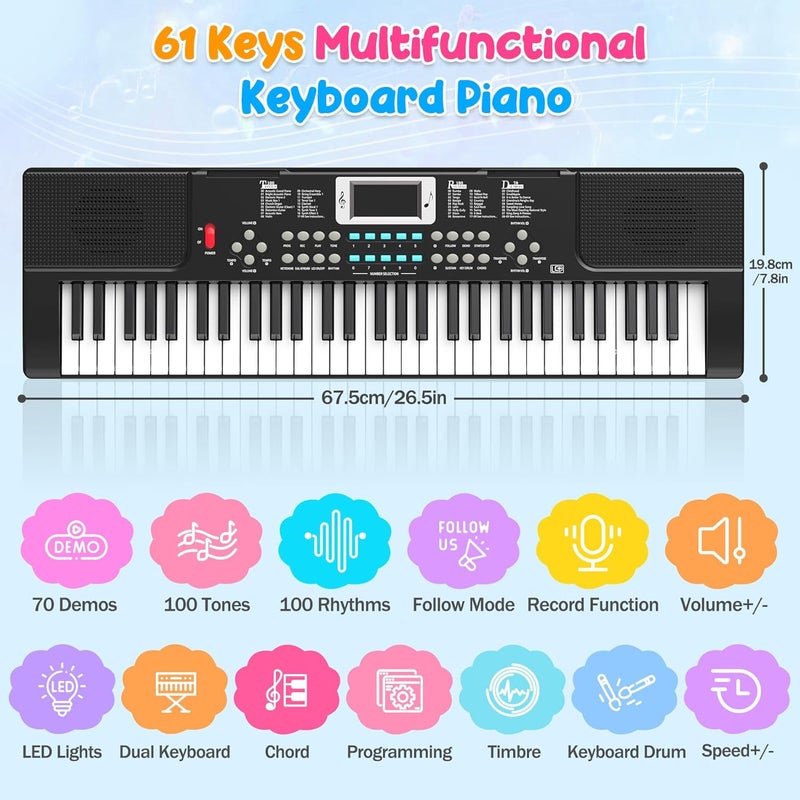 TWFRIC Piano Keyboard, 61 Key Upgrade Kids Pianos Music Toy with Light-up Keys & Pro Teaching Modes, Dual Speaker, 70 Demos,100 Tones, 100 Rhythms Perfect Christmas/Birthday Gift for Kids (Black) - Image 2